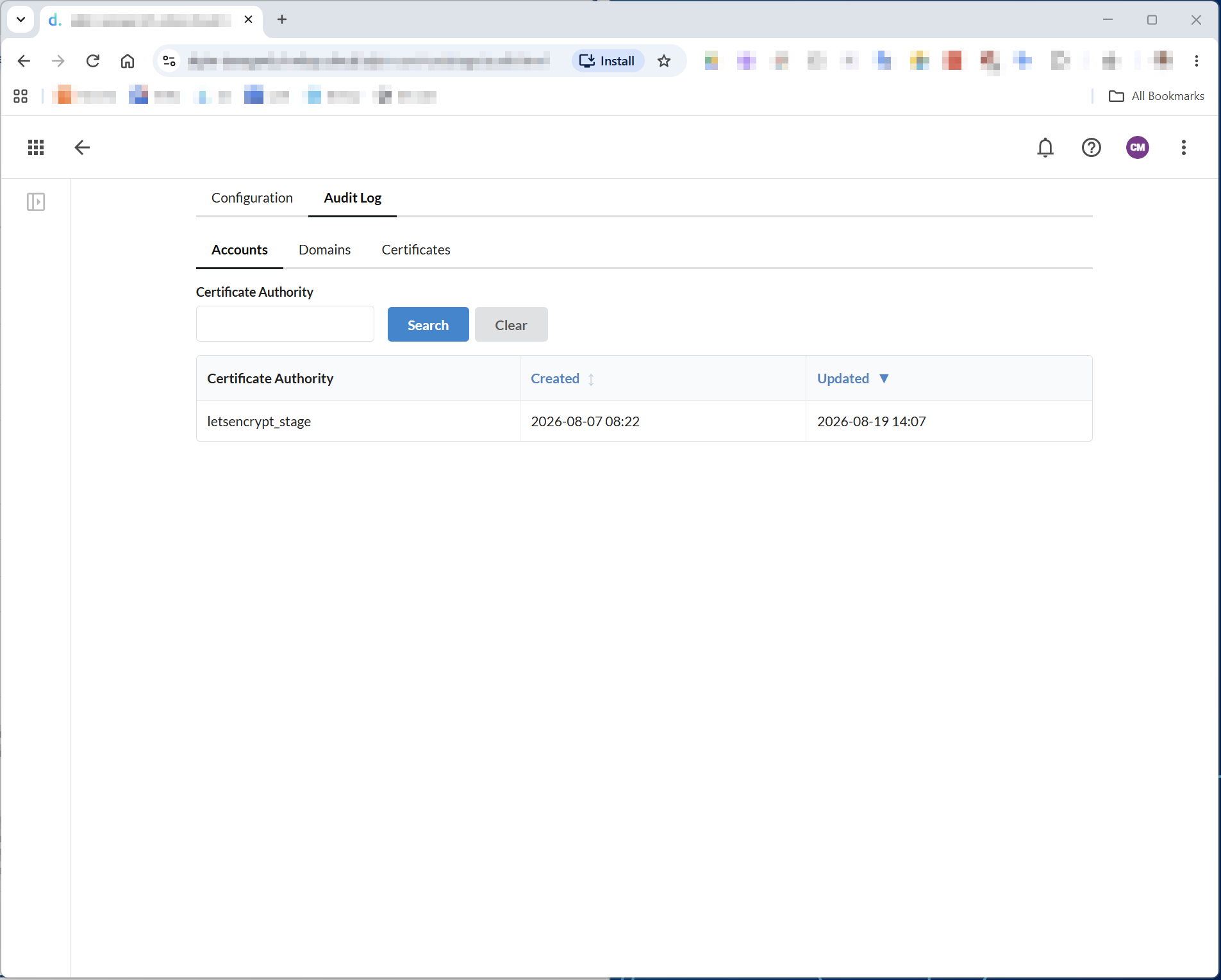 Audit Log tab, Accounts sub-tab, listing Certificate Authority accounts with Created and Updated timestamps