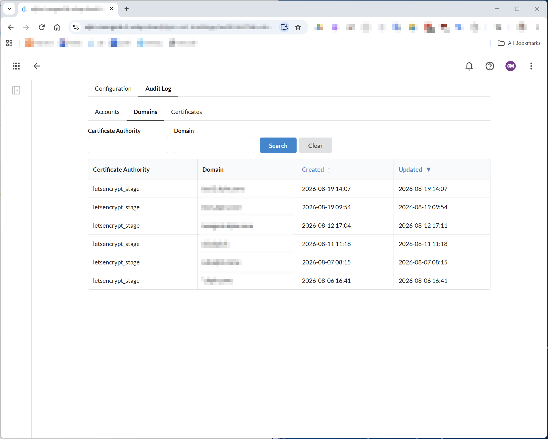 Audit Log tab, Domains sub-tab, listing domains with their Certificate Authority and Created/Updated timestamps