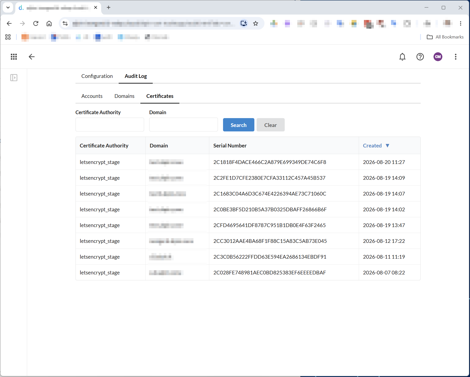 Audit Log tab, Certificates sub-tab, listing issued certificates with Certificate Authority, Domain, Serial Number, and Created timestamp